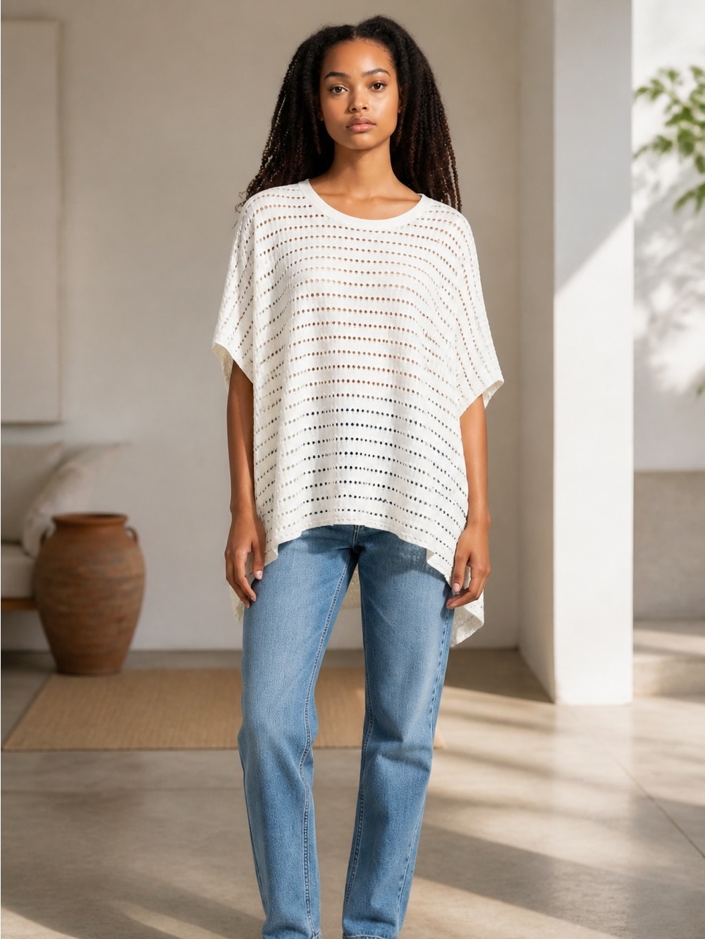 Hard Tail White Pointelle Crewneck Sweater